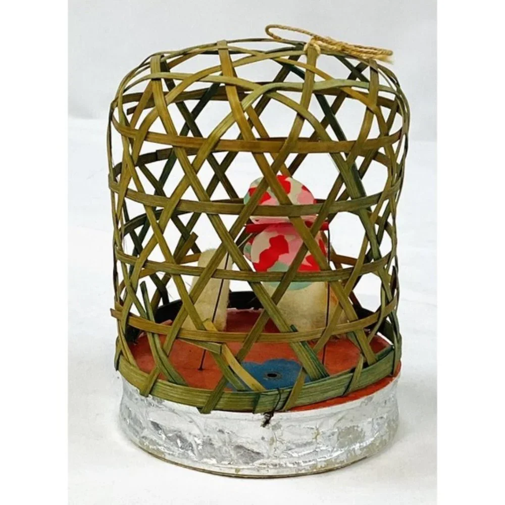 Vtg Small Japanese Bamboo Wicker Bird Cage Rooster Chicken Baby Chick - Squeaks